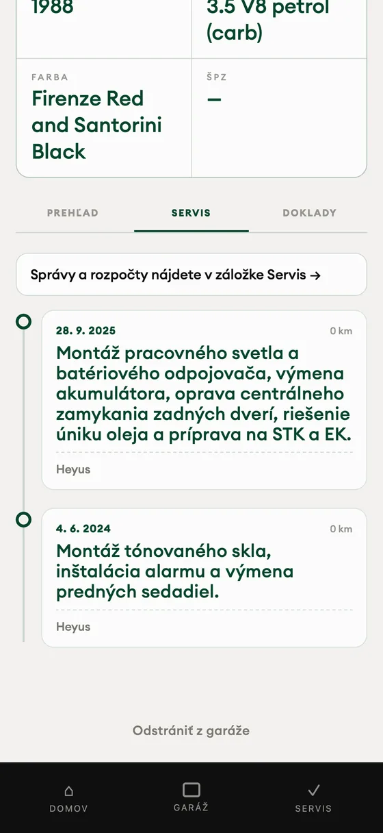 Obrazovka Garáže: každý zásah má záznam